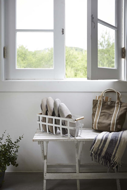 Storage Basket - Home Organizer Bin Holder with Wooden Handle - Steel + Wood - Small White