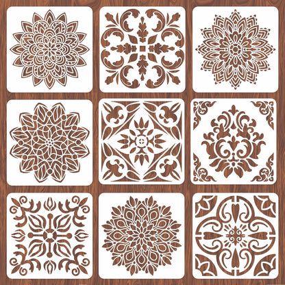 INFUNLY 9PCS/Set Mandala Flowers Wall Stencils for Painting 12x12 Mexican Tile Stencil Art Flower Concrete Floor Stencils Reusable Drawing Template for Painting Wood Canvas Furniture Patio Home Decor