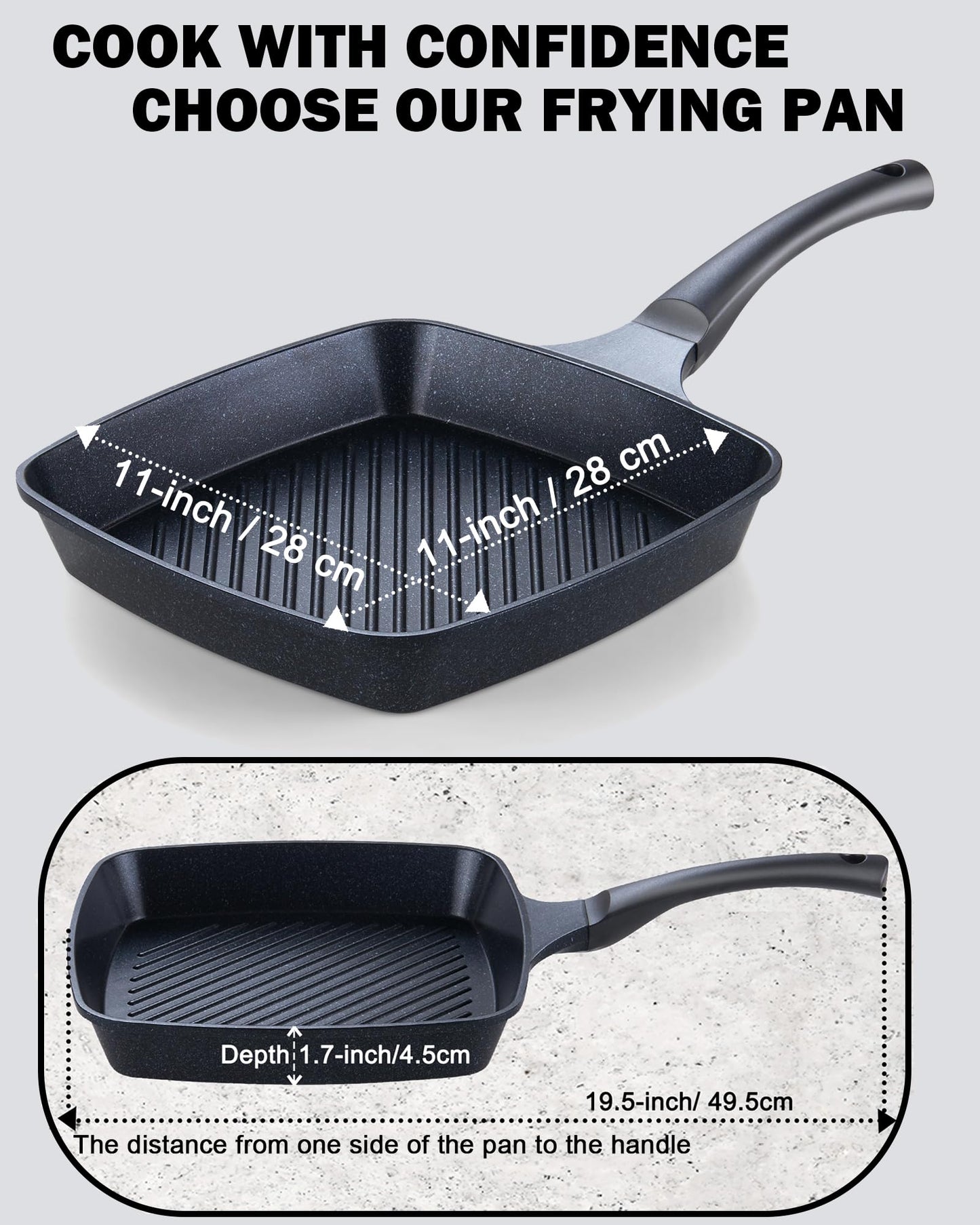 Cook N Home Grill Pan Nonstick Square for Stove Tops, Die Cast Aluminum Griddle Pan Marble 11-inch Cookware Fry Pan, Black