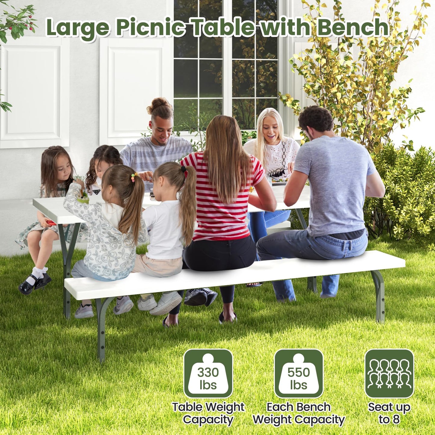 Giantex Picnic Table 6FT for 8 Person, Outdoor Table Set w/ 2 Benches, All-Weather HDPE Rectangular Tabletop, Heavy Duty Metal Legs, Umbrella Hole, for Patio Yard Lawn Party (White)