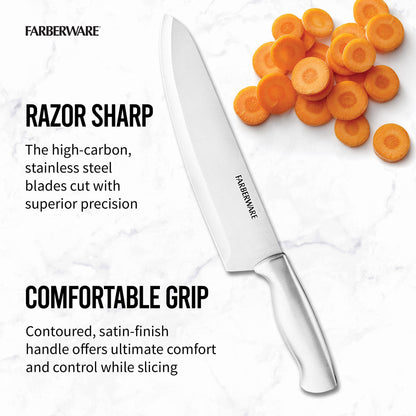 Farberware 15-Piece Kitchen Knife Set, High-Carbon Stainless Steel Blades with Wood Block, Steak Knives, Sharpening Tool & All-Purpose Shears, Razor Sharp, Ergonomic Stainless Steel Handles