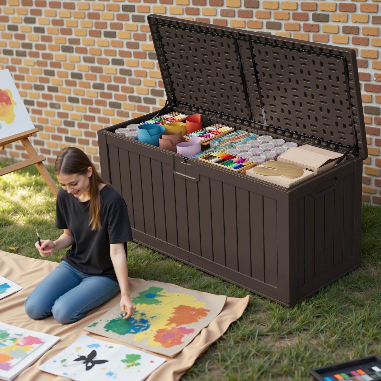 Patiowell 240 Gallon Large Outdoor Storage Box, Waterproof Deck Box with Fixed Divider, Lockable and Durable Patio Storage Solution for Patio Furniture and Garden Tools (Brown)