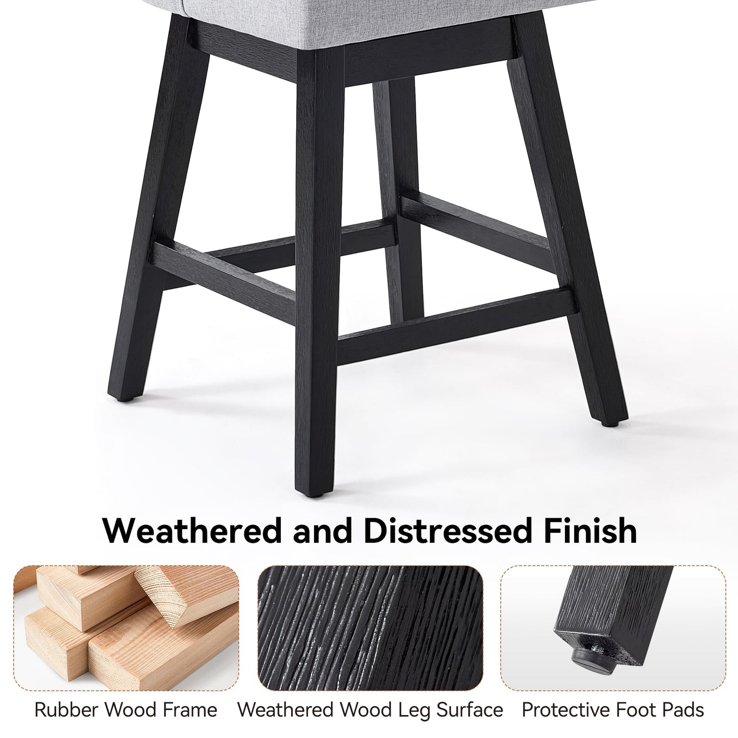 Erdoru Swivel Bar Stools with Backs, 26" Counter Height Bar Stools Set of 3, Modern Linen Fabric Upholstered Counter Height Stools with Solid Wood Legs for Kitchen Island, Dining Space, Light Grey