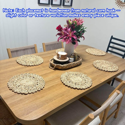 DELAQIKO 13.8" Round Corn Husk Placemats | Boho Woven Rattan Table Mats | Natural Spring Farmhouse Plate Chargers | Handmade Rustic Wicker Place Mats for Christmas Wedding (Set of 6)