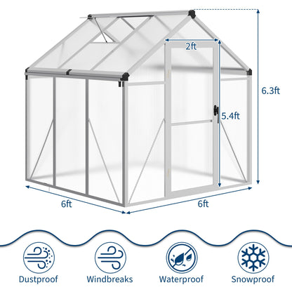 6×6 FT Greenhouse, Large Walk in Greenhouses for Outdoors and Garden Planting, Polycarbonate Greenhouse with Enhanced Aluminum Frame, Green Houses with Quick Setup Structure and Roof Vent, Silver