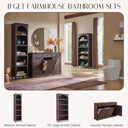 IFGET Triple Tilt Out Trash Can Cabinet, 20 Gallon Farmhouse Laundry Hamper Cabinet w/3 Drawers & Adjustable Shelf, Hidden Wooden Trash Can Cabinets with Storage Basket for Kitchen (Brown)