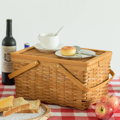 Woodchip Picnic Storage Basket with Cover and Movable Handles, Large