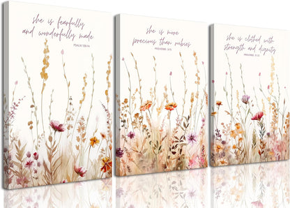 3Pcs MALEDO Christian Nursery Canvas Wall Art Bible Verse Floral Pictures Wall Decor Boho Wildflower Nursery Posters