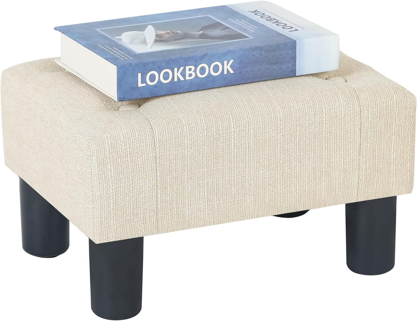 15.4" Adeco Linen Upholstered Ottoman Footrest, Small Padded Foot Stool & Accent Seat with Wood-Look Legs, Modern