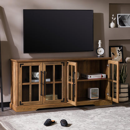 Walker Edison Farmhouse Barn Glass Door Wood Universal TV Stand for TV's up to 64" Flat Screen Living Room Storage Cabinet Doors and Shelves Entertainment Center, 58 Inch, Rustic Oak