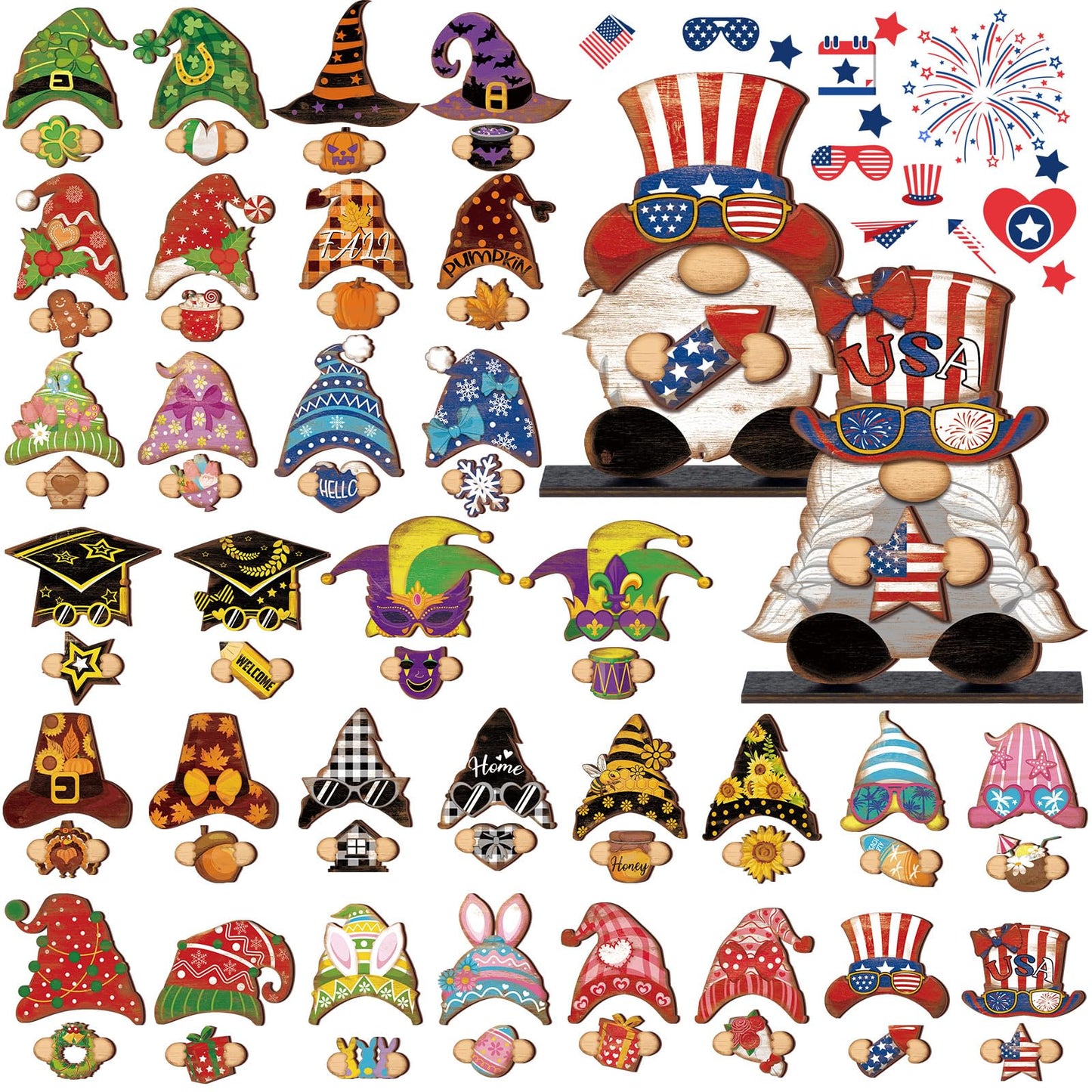 68 Pcs Seasonal Interchangeable Wooden Gnome Decor Farmhouse Holiday 2 Pcs Gnome Standing Centerpieces Decoration with 2 Wooden Bases 64 Detachable Hats Magnet Pieces for DIY Holiday Decorations
