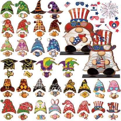 68 Pcs Seasonal Interchangeable Wooden Gnome Decor Farmhouse Holiday 2 Pcs Gnome Standing Centerpieces Decoration with 2 Wooden Bases 64 Detachable Hats Magnet Pieces for DIY Holiday Decorations