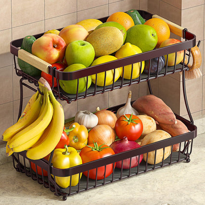 Sevenblue 2 Tier Large Fruit Basket for Kitchen Counter with 2 Mobile Banana Hangers, 2026 Pro Detachable Metal Fruit Bowl with Wooden Handle (Brown, 2 Tier Extra Large)
