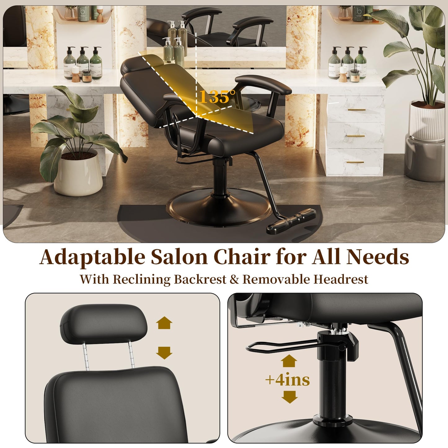 Baasha Premium Black Reclining Salon Chair with Removable Headrest, All-Purpose Hydraulic Barber Chair, Soft PU Leather, 360° Swivel, 135° Recline, Heavy-Duty Steel Frame, 330 lbs Capacity