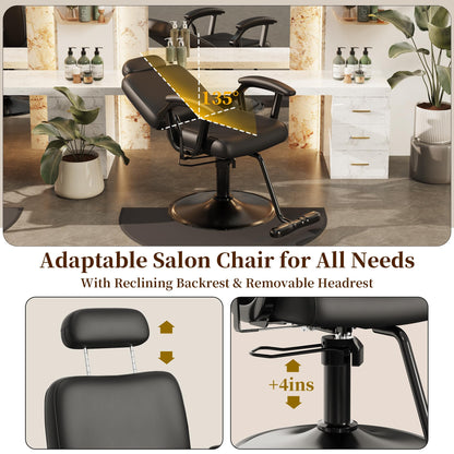 Baasha Premium Black Reclining Salon Chair with Removable Headrest, All-Purpose Hydraulic Barber Chair, Soft PU Leather, 360° Swivel, 135° Recline, Heavy-Duty Steel Frame, 330 lbs Capacity