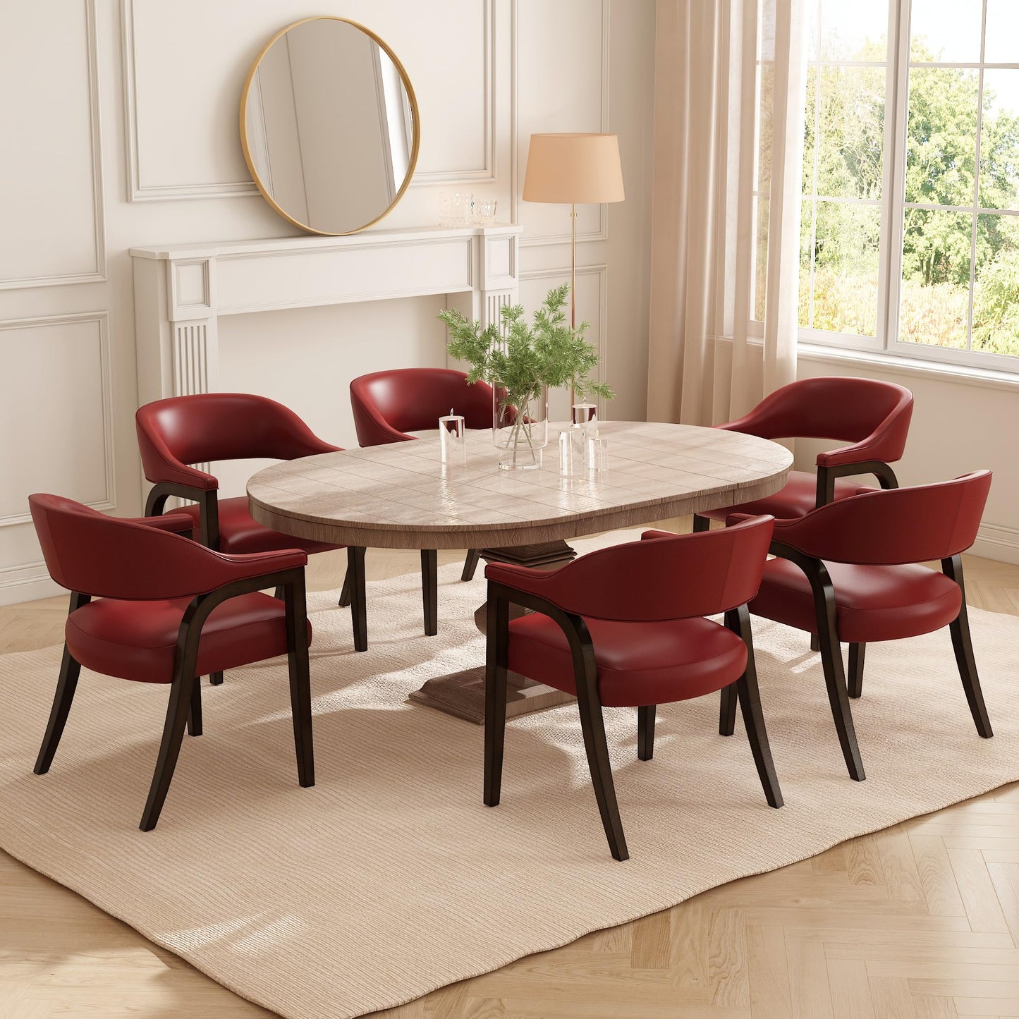 Upholstered Barrel Dining Chair Set of 6, 17.72"H Faux Leather Dining Room Chair with Arms Open-Back Dining Chairs w/ Wood "R" Legs Comfy Accent Side Chairs for Home Kitchen, Wine Red(NO TABLE!)