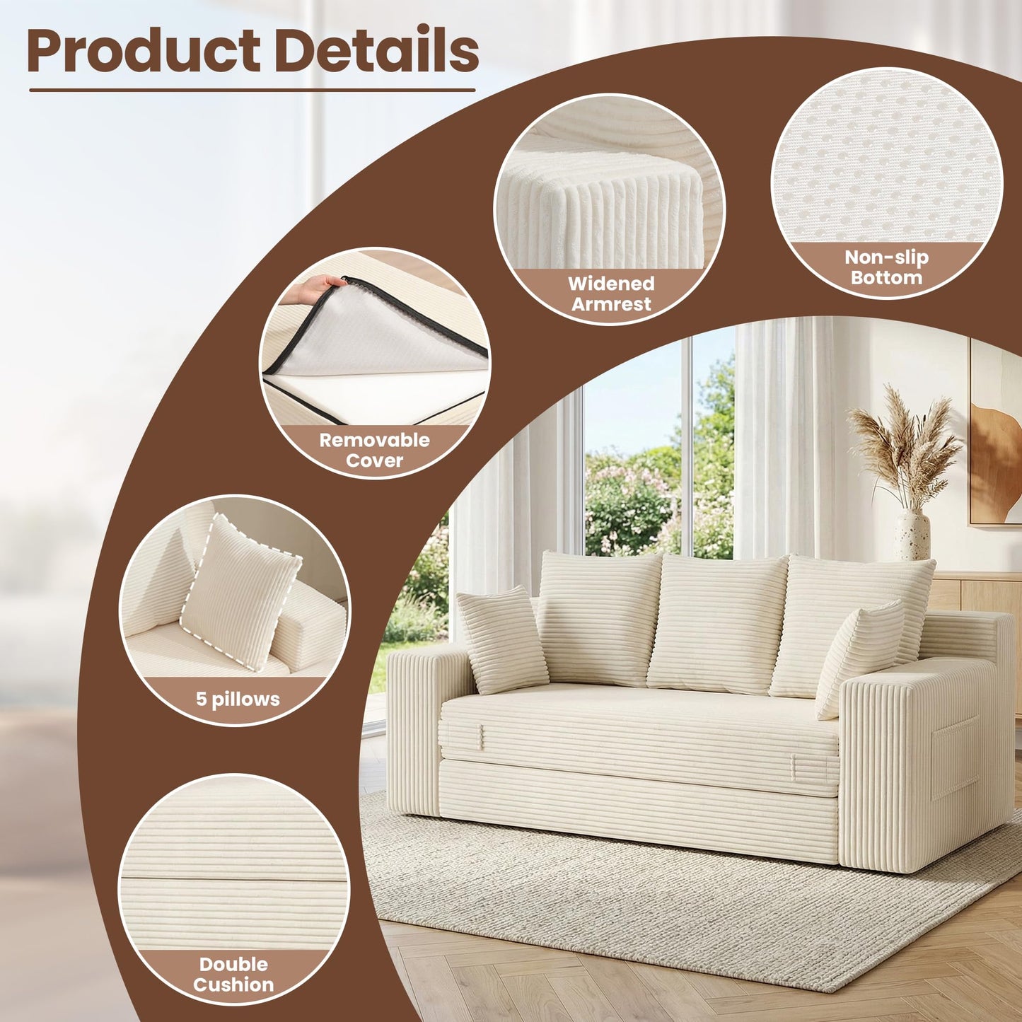 JUIKURY Boneless Couches 70 inch: 3-in-1 Convertible Sofa Bed Futon Couch Bed, Oversized Loveseat Sleeper Sofa with 5 Pillows, Beige Couch for Living Room, Bedroom & Small Space