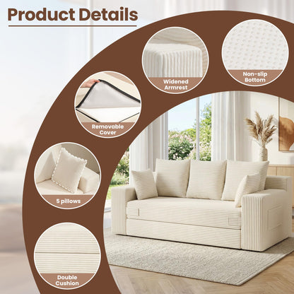 JUIKURY Boneless Couches 70 inch: 3-in-1 Convertible Sofa Bed Futon Couch Bed, Oversized Loveseat Sleeper Sofa with 5 Pillows, Beige Couch for Living Room, Bedroom & Small Space