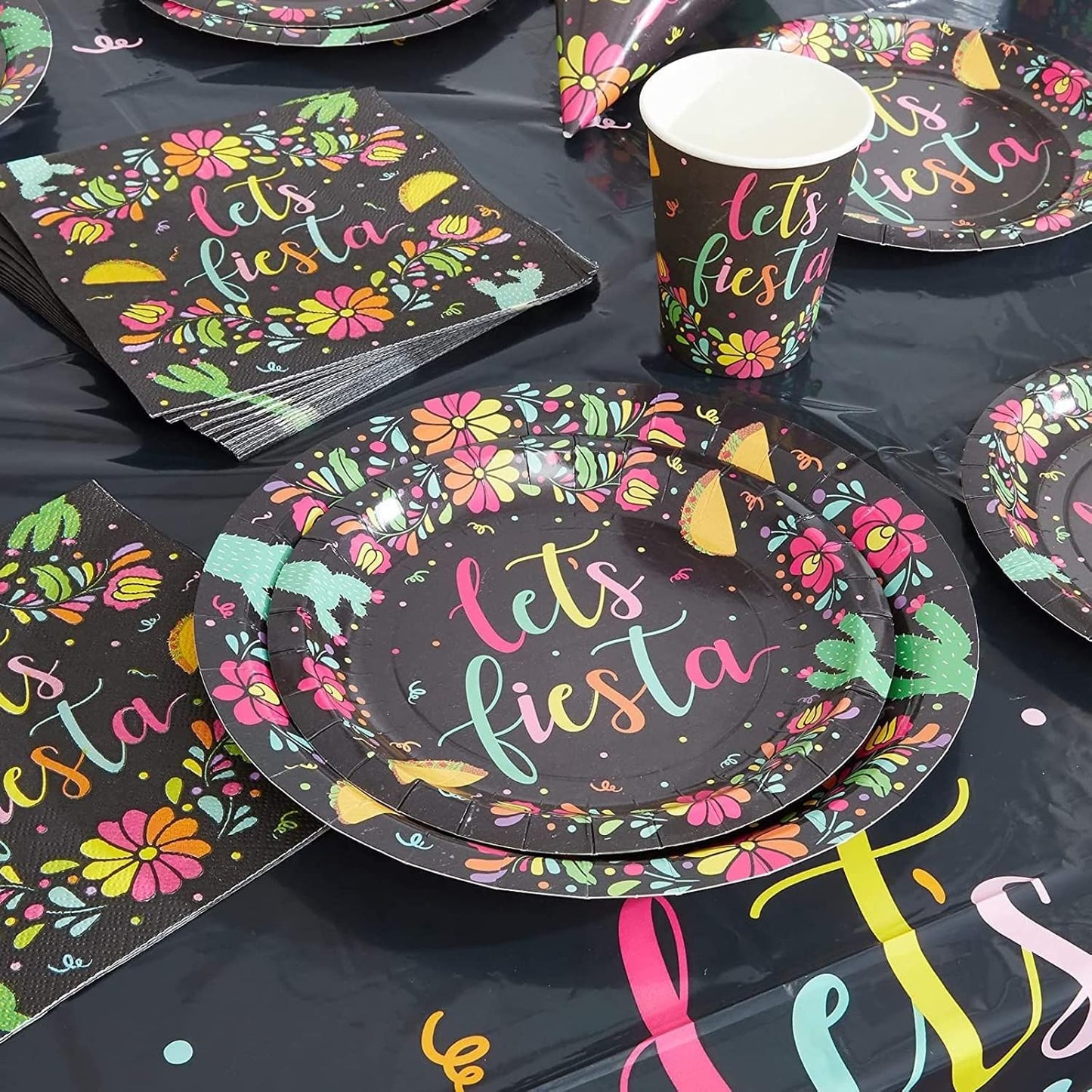 80 Pack Let's Fiesta Party Plates - 7 inch Decorative Dinnerware for Special Occasions (Black)