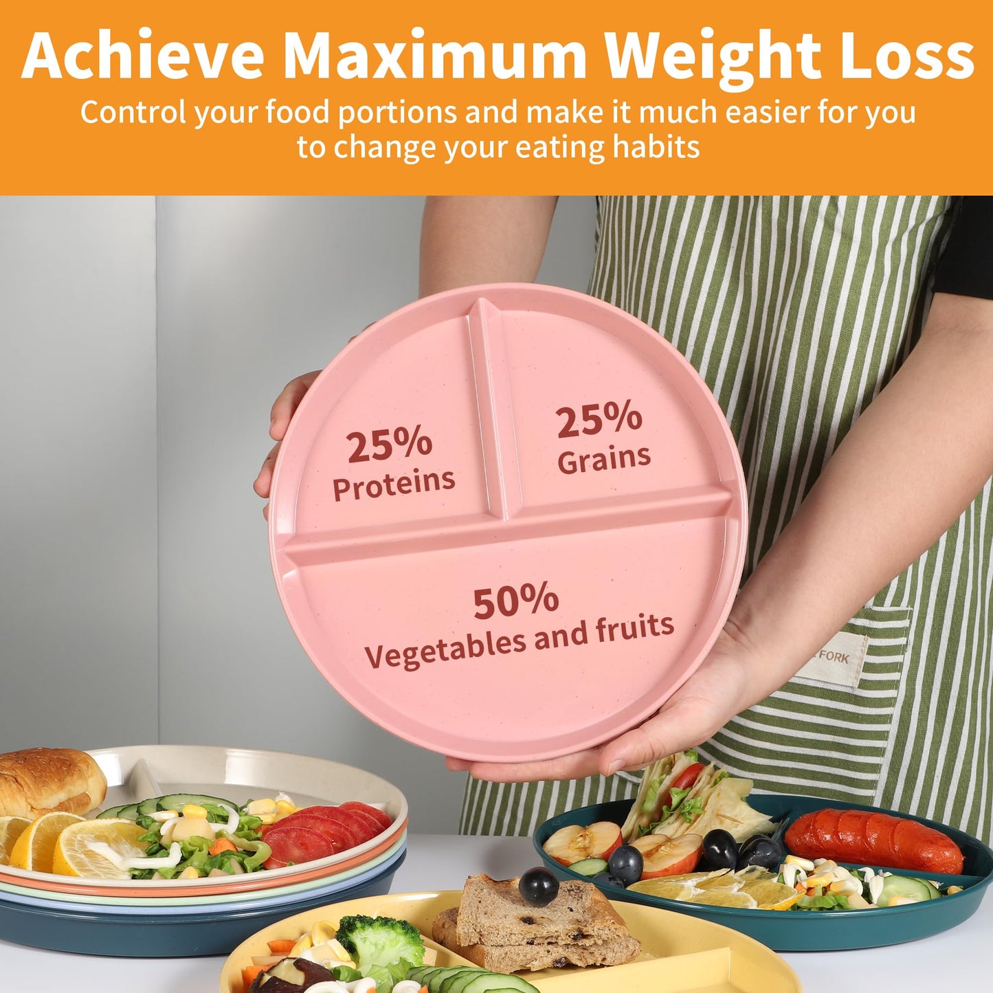 becutlery 9" Unbreakable Divided Plates (8 PCS). Microwave & Dishwasher Safe! For kids & adults. Wheat straw, BPA - free. Portion control for health/weight loss. 3 -compartment, durable & smooth.
