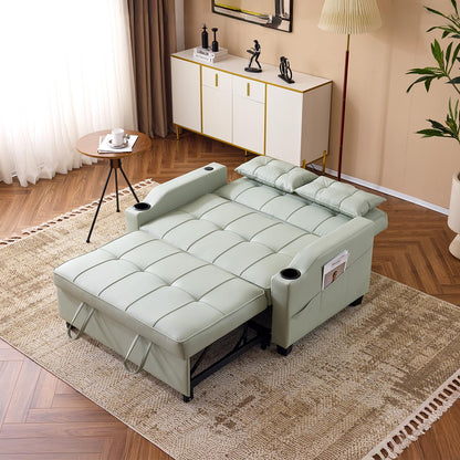VINGLI Green Futon Sofa Bed Convertible Loveseat Sleeper Couch, Faux Leather Pullout Sofa Fold Out Couch Bed with USB Ports, Cup Holders, Armrest for Living Room, Bedroom Apartment Room