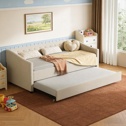 FAVSH Upholstered Daybed with Trundle, Twin Size Day Bed w/Button-Tufted Back and Piping on Waved-Shape Arms for Bedroom or Guest Room, No Box Spring Required,Beige