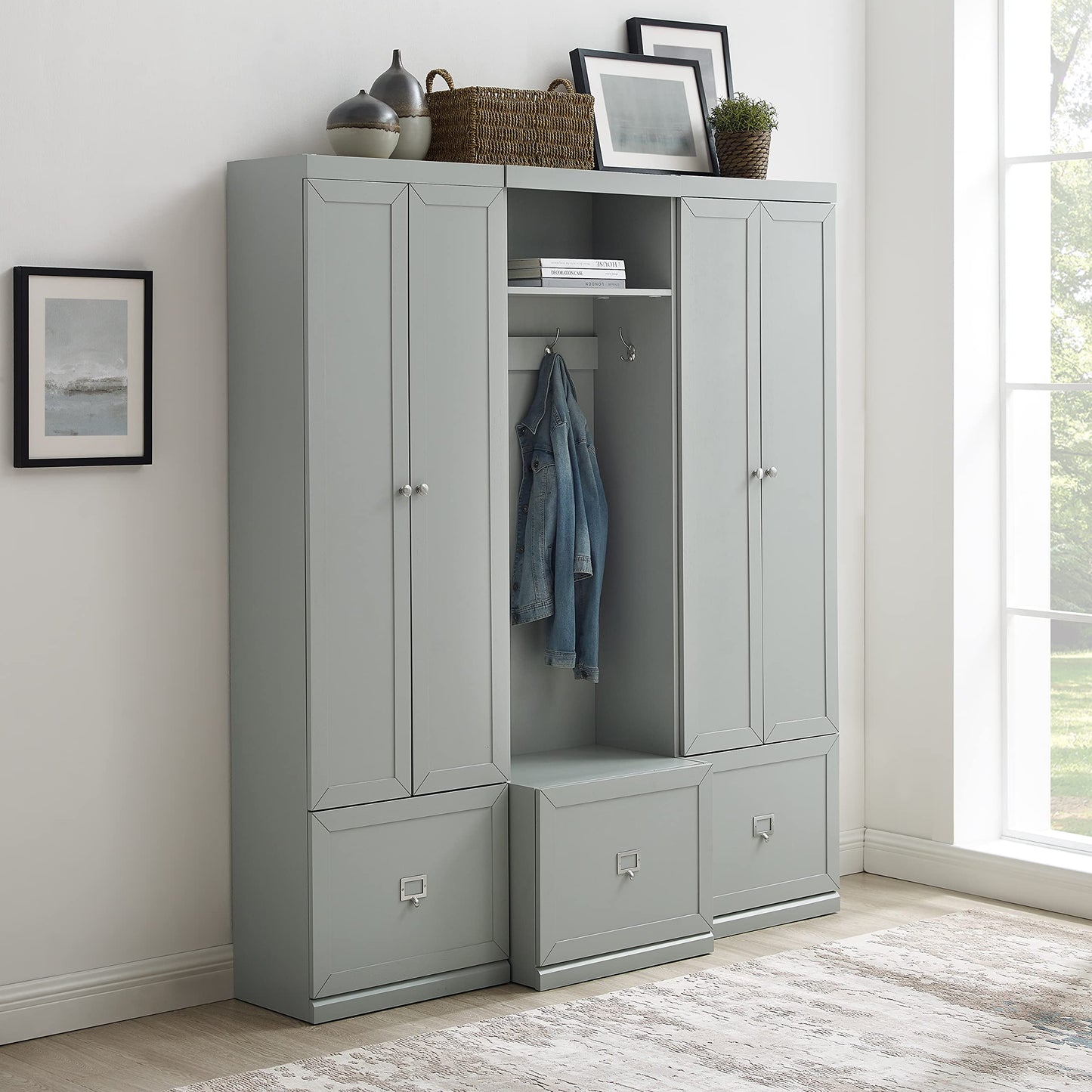 Crosley Furniture Harper 3-Piece Hall Tree and Storage Cabinet Set with Entryway Bench and Hooks for Hanging, Gray
