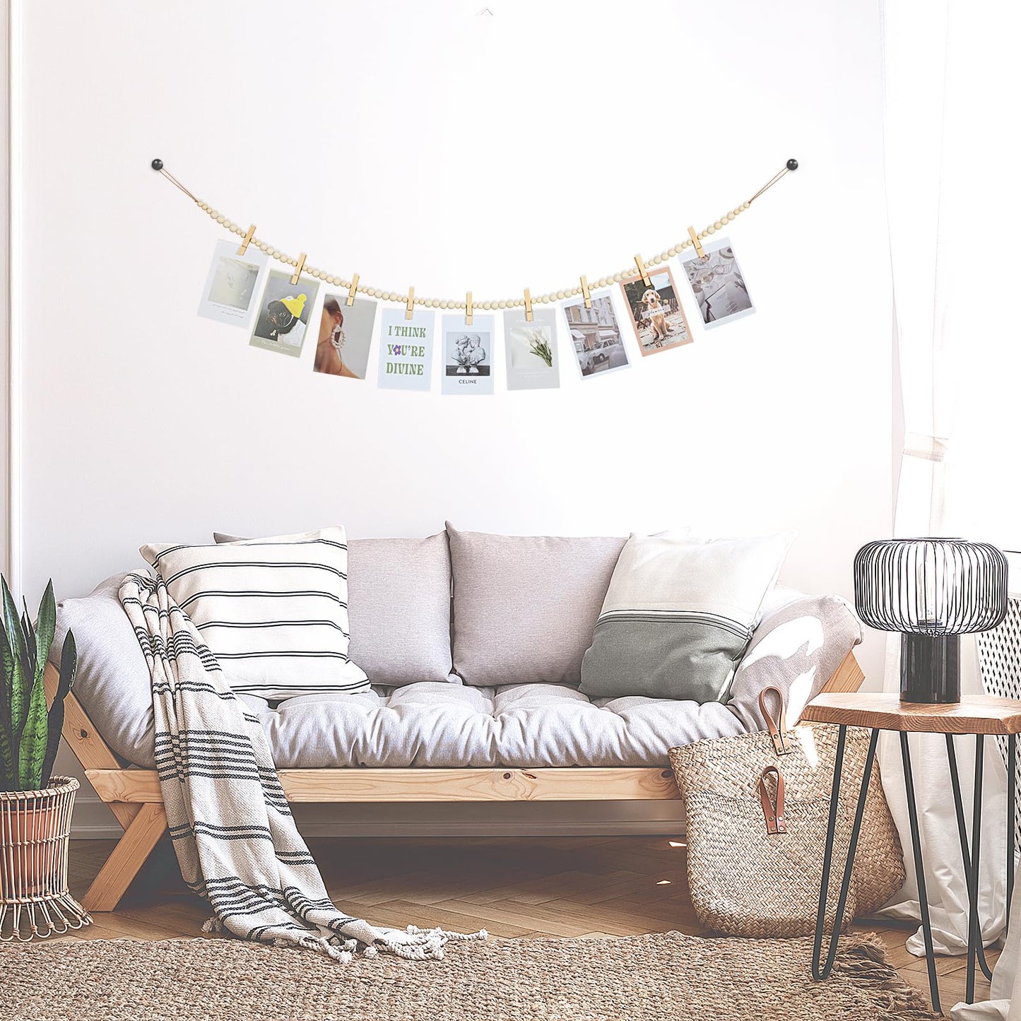 KLOGTSIND Hanging Photo Display Wall Decor, 2PCS Boho Wooden Bead Garland Collage Picture Frame with 9 Wood Clips for Bedroom, Living Room, Office, Dorm Decor, Photos Holder Teen Girl Gifts