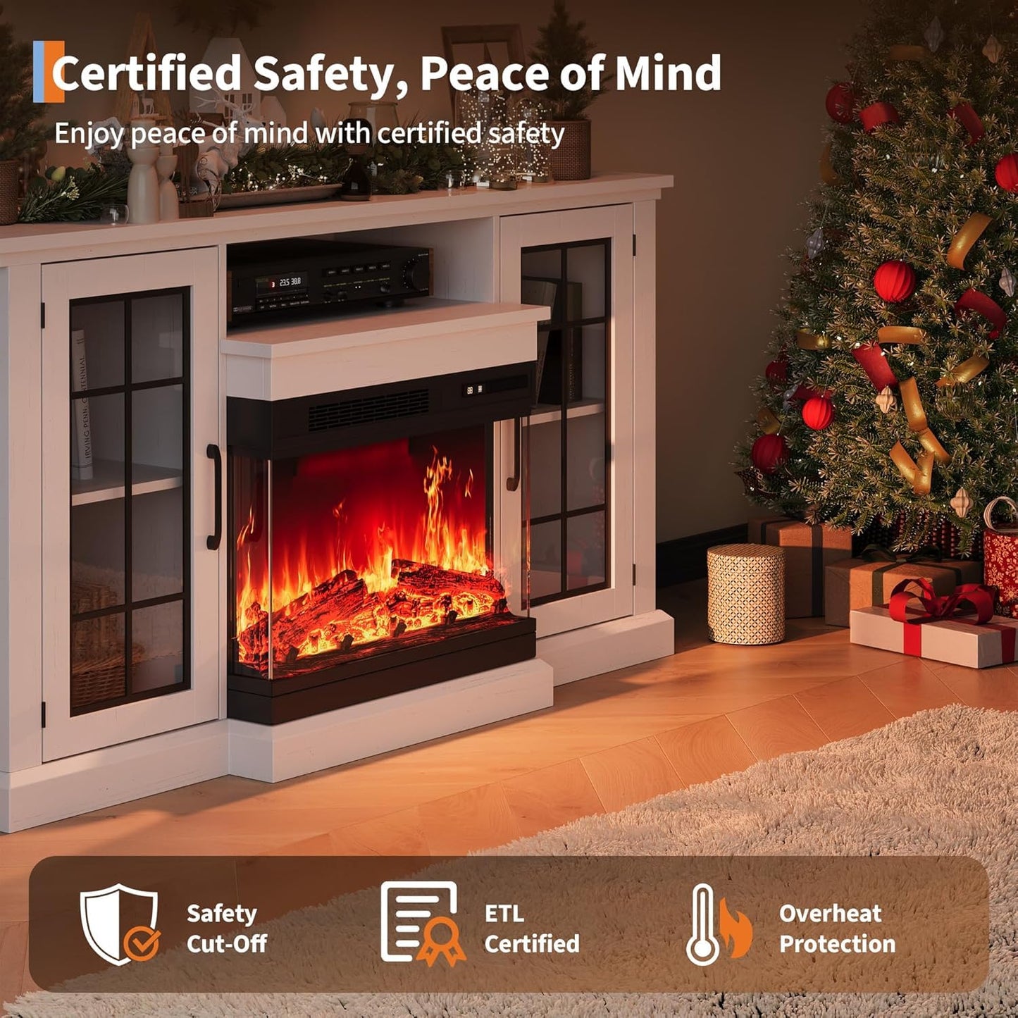 GAOMON 75" TV Stand & 40" 3 Sided Glass Electric Fireplace, 12 Colors LED Lights Flame, 750W/1500W for Max 85" TVs, 2 Tier Storage 2 Door Glass Cabinet