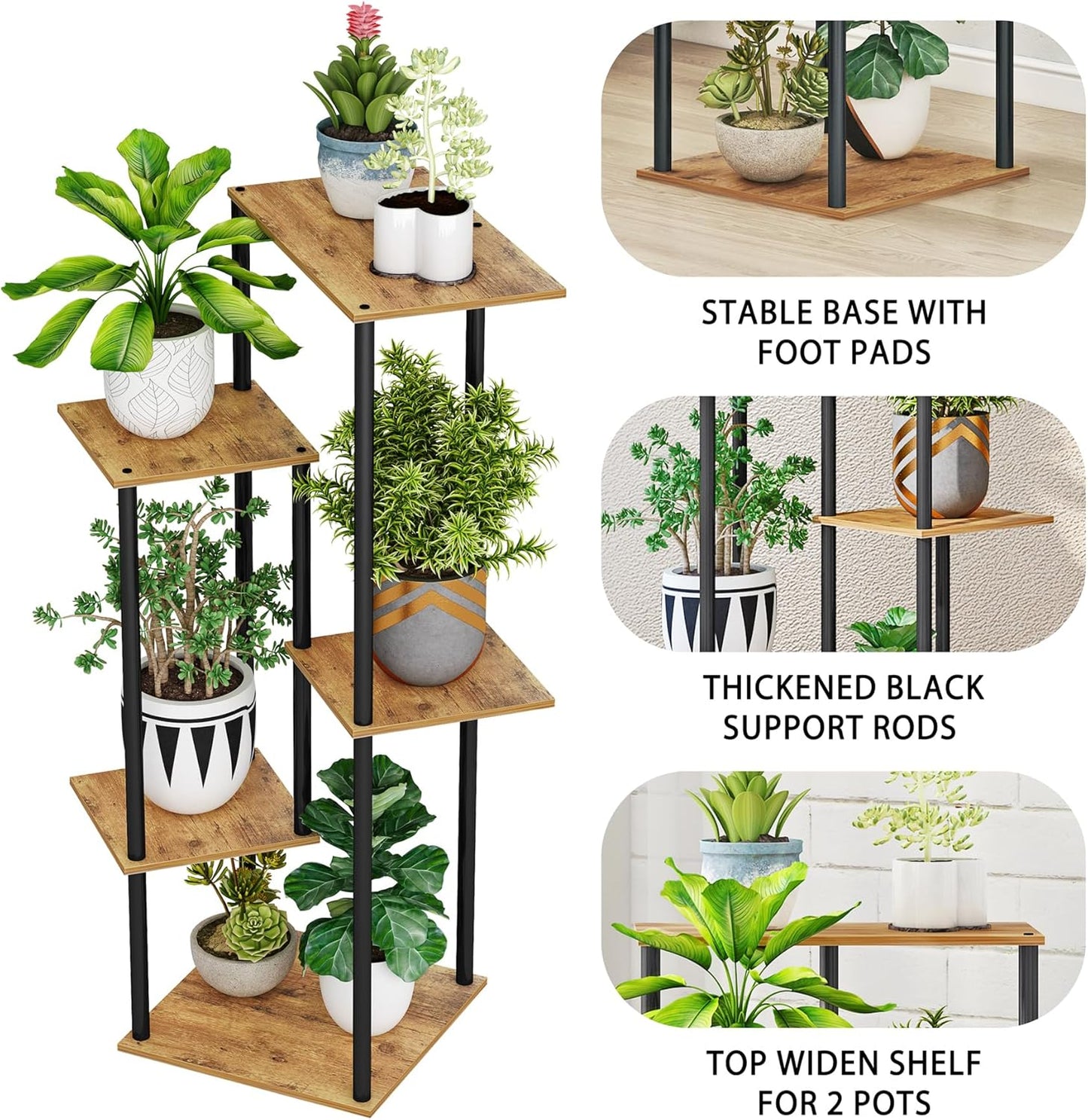 5 HAYOFAMY Tier Plant Stand Indoor, Tall Plant Shelf Metal Wood Multiple, Flower Pot Holder for Living Room Office