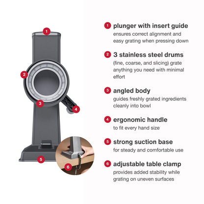 Zyliss Rotary Cheese Grater, Aluminium, 3 Steel Drum Blades, Cheese, Vegetable, Chocolate, Nut, Fruit Grater with Handle, Non-Slip Suction Foot and Table Clamp, 5 Year Guarantee