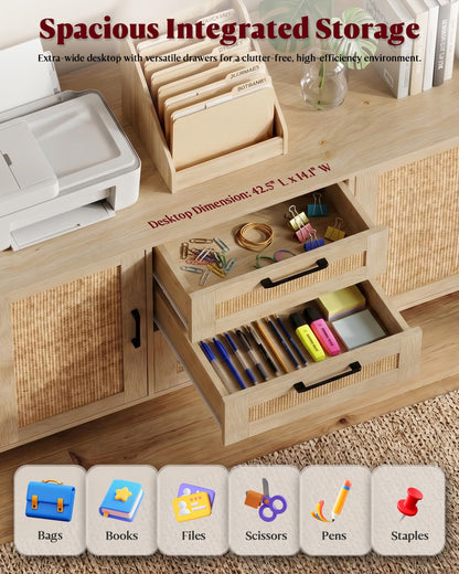 HOPUBUY 3 Drawers and 2 Doors File Cabinets with Lock, Wood Lateral Filing Cabinet with Adjustable Feet & Shelves, Large Capacity Home Office Storage Cabinet, Printer Stand for Hanging Files, Natural