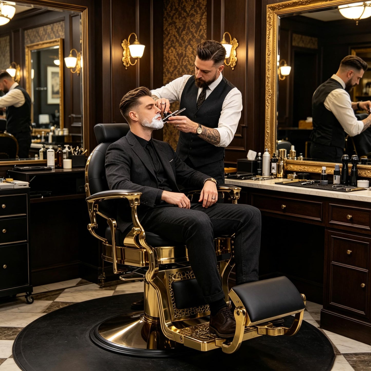 MYS Vintage Barber Chair for Hairdressers Heavy Tattoo Shampoo Heavy Duty Barber Chair Professional Salon + Golden