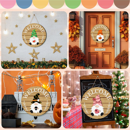 Seasonal Gnome Wall Decor Set, 11.8 inch Autumn Wooden Round Sign with Interchangeable Holiday Hats, Thanksgiving Welcome Door Hanging (Light brown-3)