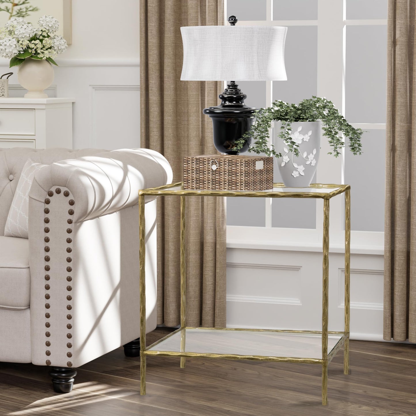 BEGINS Hand Forged Side Table 2 Tier, Vintage End Table Glass Top Coffee Table, Accent Table with Solid Hammered Frame, Suitable for Living Room, Bedroom, Study Room, Entryway (Gold, Rectangle)