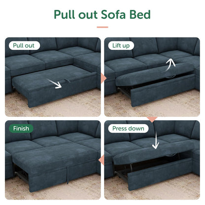 HONBAY Modular Sectional Couch with Pull Out Bed, Corduroy Sleeper Sofa with Storage Seats, U Shaped Sectional Couches for Living Room, Blue
