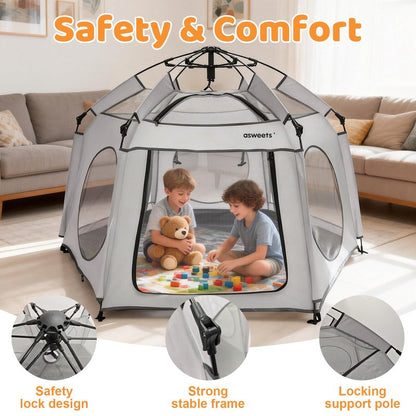 Asweets 4 in 1 Pop Up Playpen Indoor and Outdoor Portable, Lightweight Baby Playpen with Travel Bag,Baby Beach Tent and Play Toddler Play Yard Canopy(Light Grey)