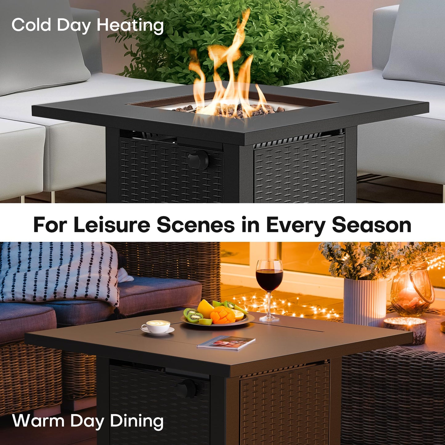 Propane Fire Pit, 50,000 BTU Gas Fire Pits for Outside Patio, 28'' Steel Table Top Firepit with Lid and Lava Rock, Outdoor Table Heater for Deck, Garden, Backyard, Black