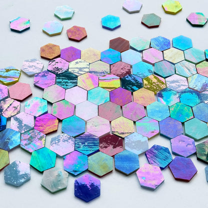 KALUCION 100 Pieces Hexagon Mosaic Tiles for Crafts Bulk, Iridescent Stained Glass Pieces Precut Hexagons for Mosaic Projects, Home Decor
