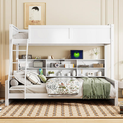 Bellemave Twin XL Over Queen Bunk Bed for Kids/Adults,Bunk Beds with Charging Station and Bookcase,Solid Wood Bunk Beds Twin XL Over Queen for Girls,Boys,Antique White