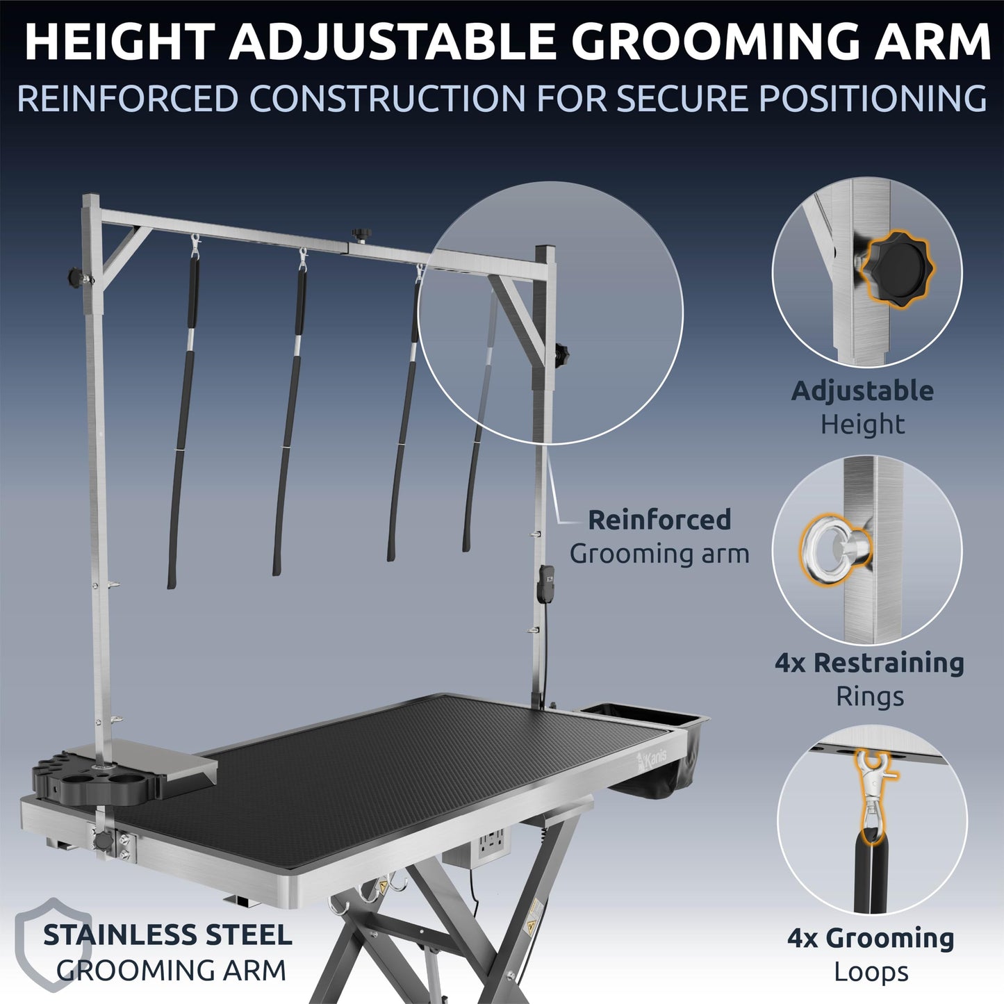 KANIS Professional Electric Dog Grooming Table - Heavy Duty, Height Adjustable Pet Grooming Table w/Leveling Wheels, Dog Grooming Arm, Anti-Slip Tabletop & Tool Organizer (Grey, 49")
