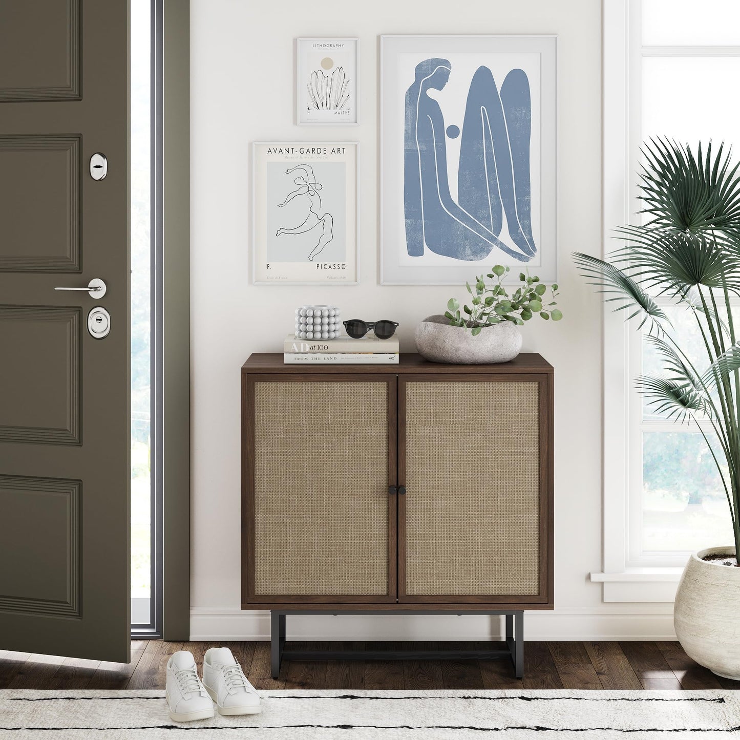 Nathan James Kova Bohemian Rattan Accent Sideboard Storage Cabinet, with Doors and Matte Black Legs, Dark Brown/Black
