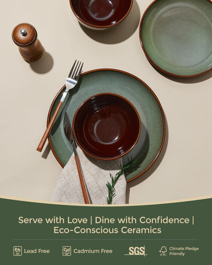 Pokini 36 Piece Stoneware Dinnerware Sets, Ceramic Plates and Bowls Set, Microwave & Dishwasher Safe Kitchen Dish Set, Modern Dinner Salad Plates | Cereal Bowls for 12, Dishware Sets Sage Green