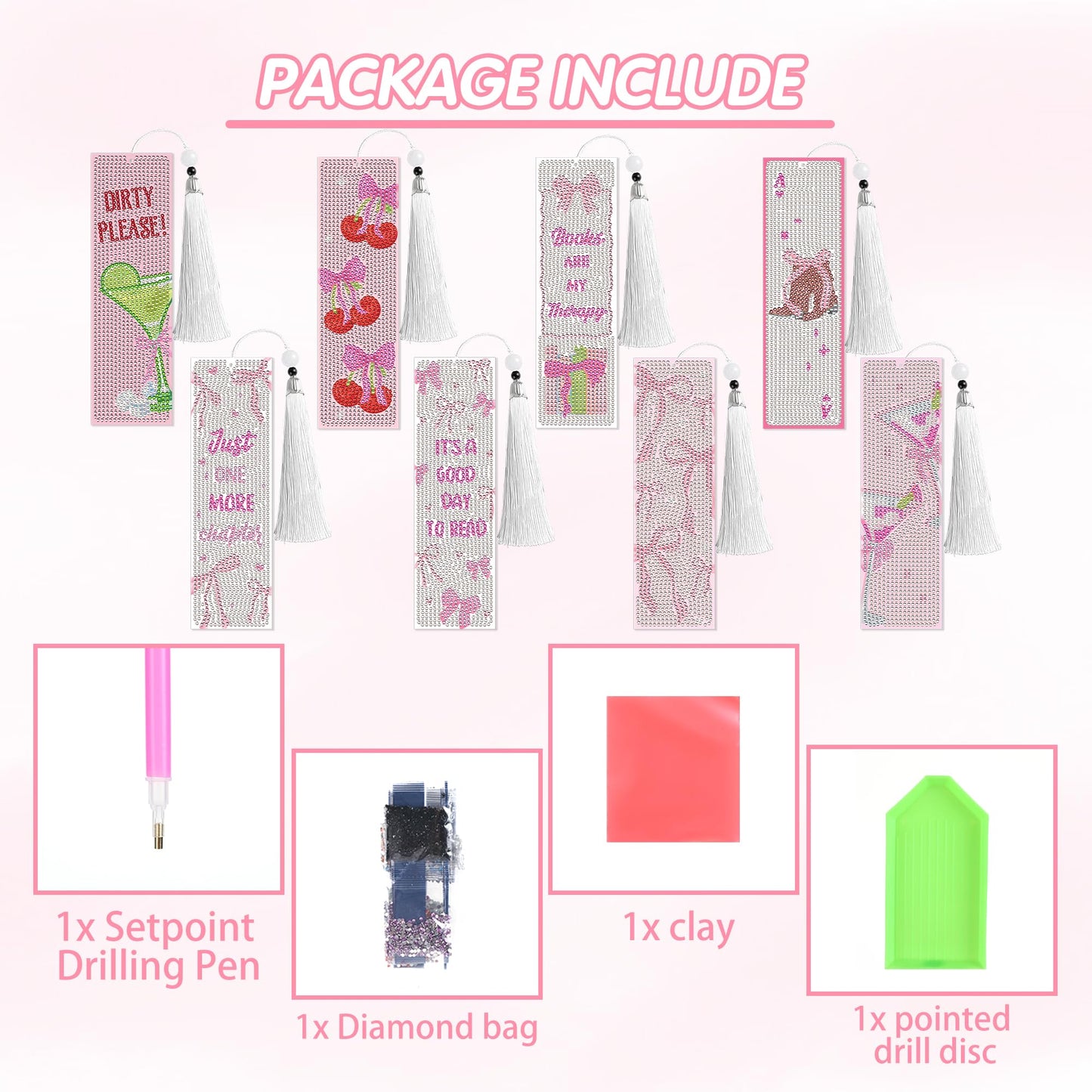 8 Pcs Bow Diamond Art Bookmarks Kit with Tassels, Cute Pink Diamond Painting Bookmarks for Women Book Lovers, DIY Bookmark Making Kit for Adults Beginners Aesthetic Crafts