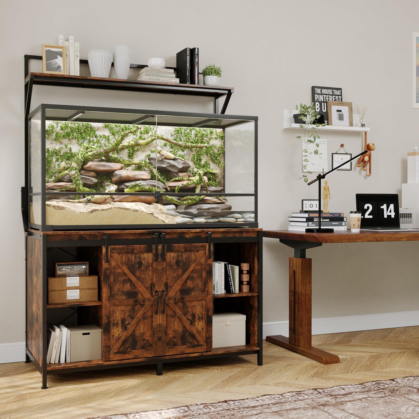 VOWNER Farmhouse Reptile Tank Stand with Power Outlet, 48" X 24" Tabletop Fits up 120 Gallon Bearded Dragon Tank, Heavy Duty Aquarium Stand with Storage Cabinet, Reptile Turtle Terrarium Stand Brown