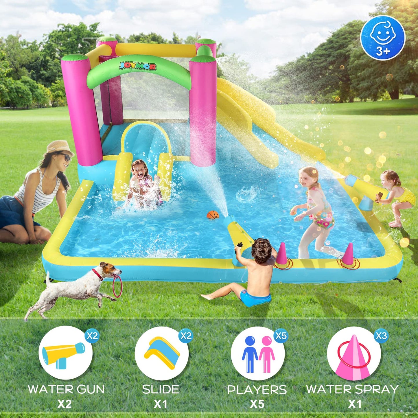 JOYMOR Inflatable Bounce House with Double Water Slide for Kids Toddler Age 3-10, Splash Pool Water Cannons, Ring-Toss Games for Outdoor Backyard Fun Water Toys, Indoor Bouncy Castle with Air Blower