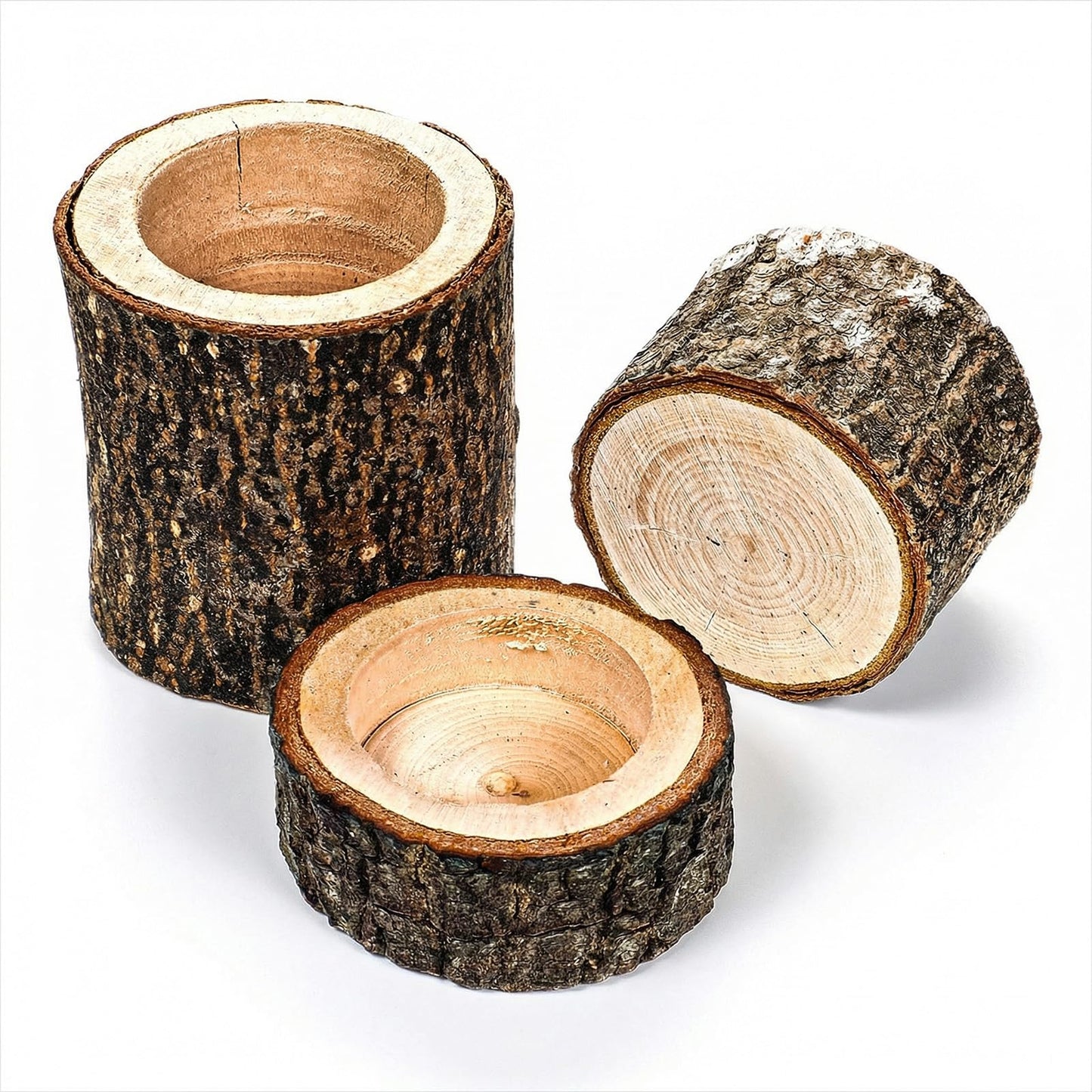 Set of 15 Rustic Wooden Tea Light Candle Holders | Natural Wood Votive Holders in 3 Sizes for Wedding, Party, and Home Table Decor