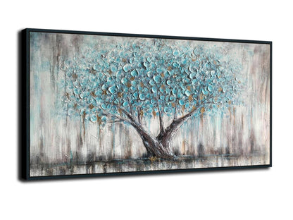 Arjun Tree Wall Art Canvas for Living Room Blue Tree of Life Nature Teal Abstract Textured Painting Picture Modern Panoramic Landscape Artwork Framed Bedroom Home Office Decor, Large Size 40"x20"
