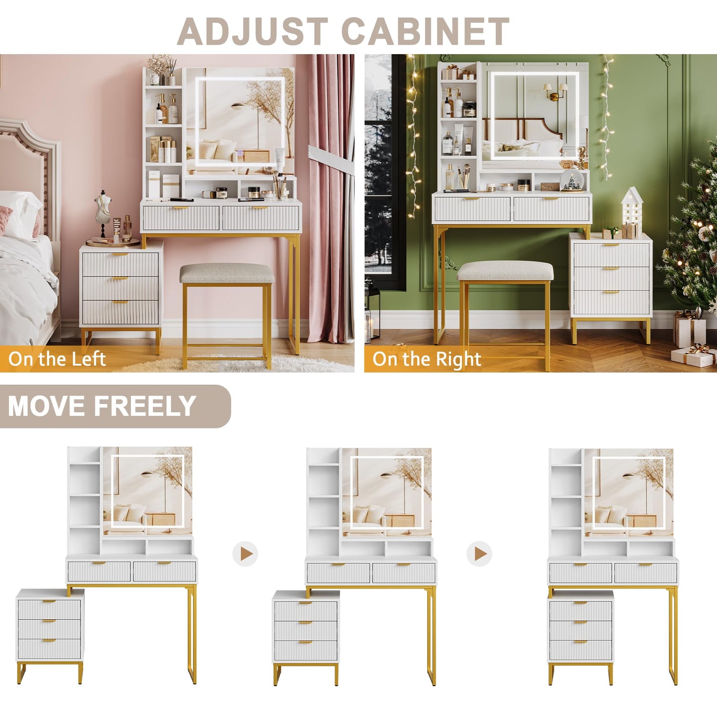 GAOMON Modern LED Makeup Vanity Desk with Mirror – 5 Drawers, Removable Side Cabinet, Cushioned Stool, Adjustable Lights – Bedroom Dressing Table for Girls & Women – Gold Iron + White Plate + Gold