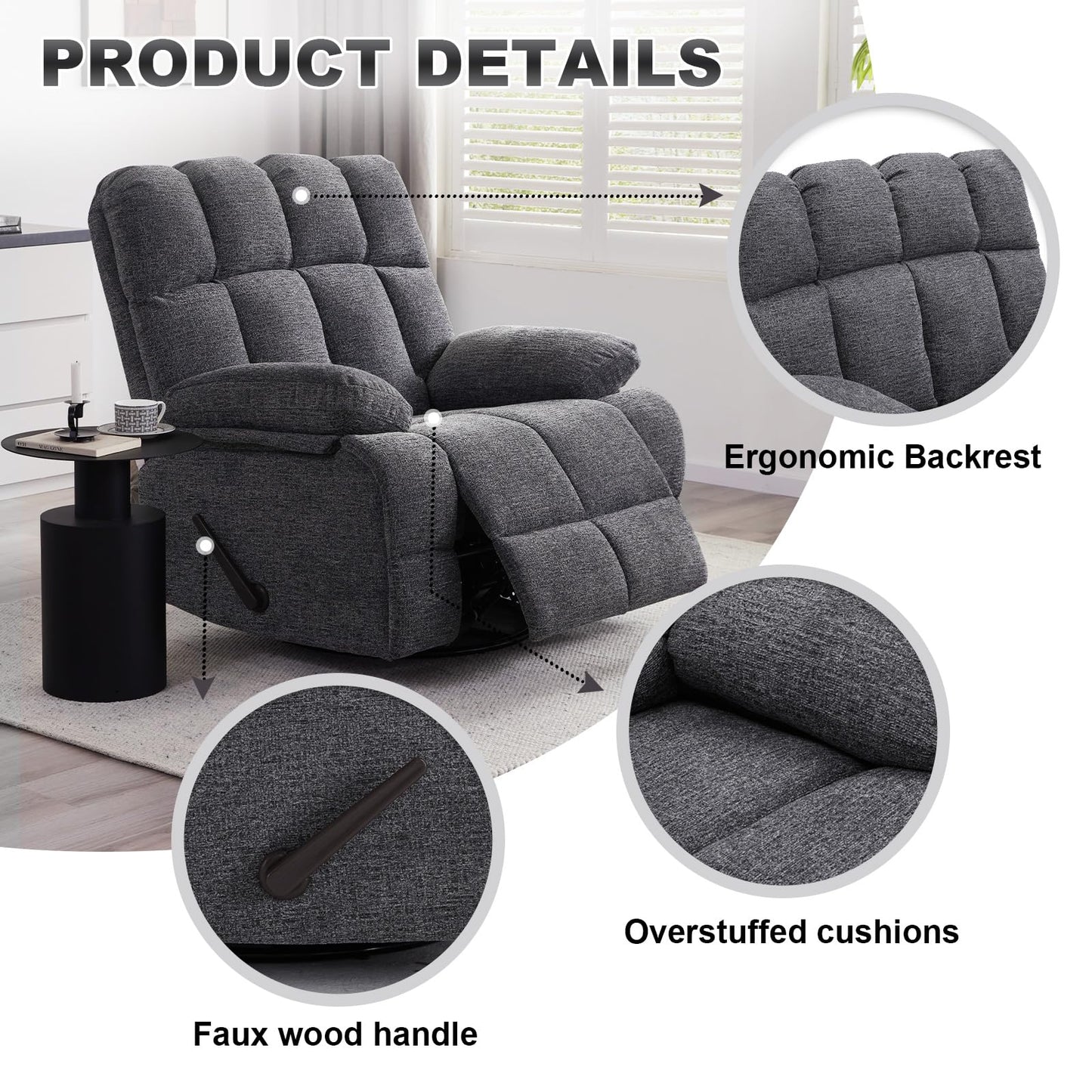 Eiayeebil Oversized Swivel Rocker Recliner Chair Set of 2 for Adult, Rock Recliner for Big Man, Extra Wide Manual Recliners, Overstuffed Soft Rocking Sofa Chair,Light Grey